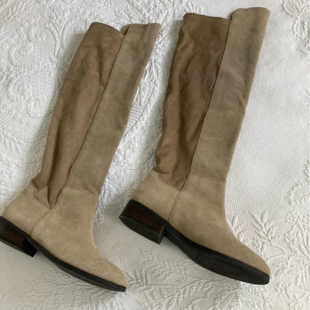 Lucky Brand Calypso Tall Boots Women 8M Suede Leather Beige Minimalist Old Money